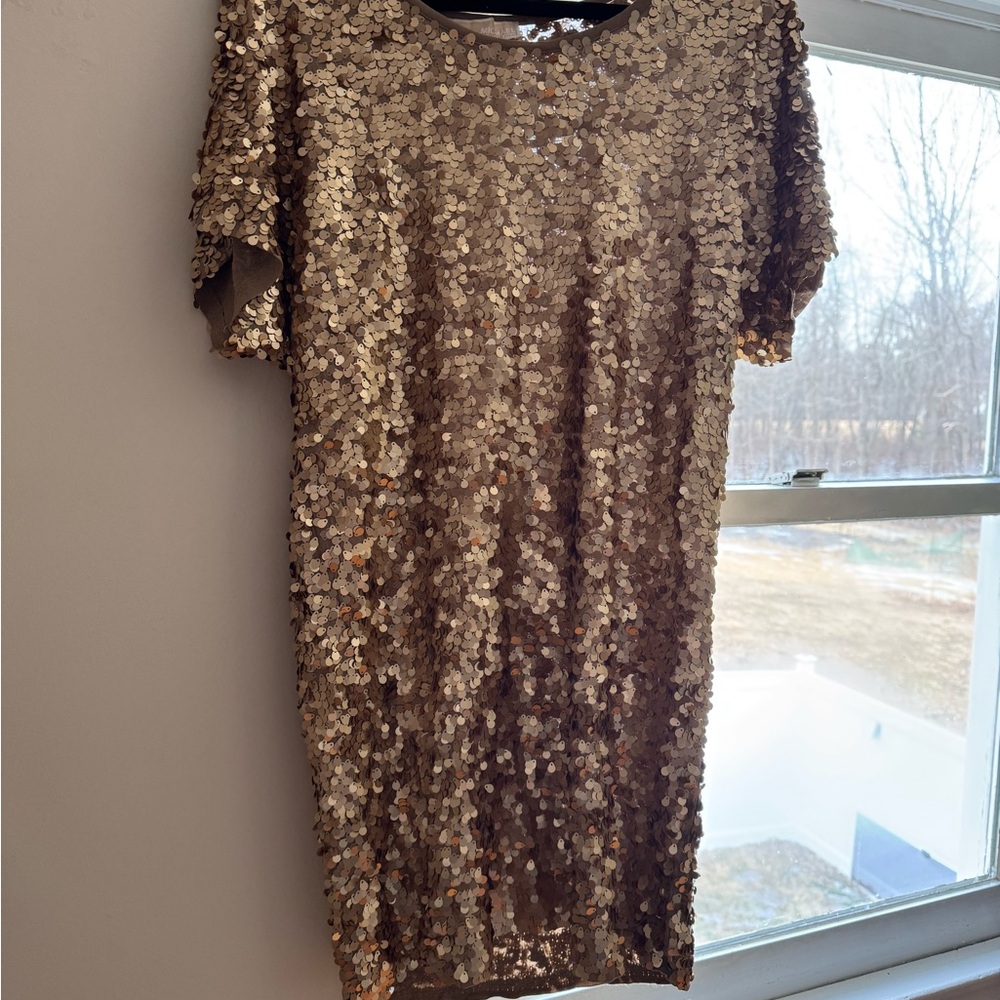 Michael Kors Gold Sheath Mini Dress Crew Neck Short Sleeve